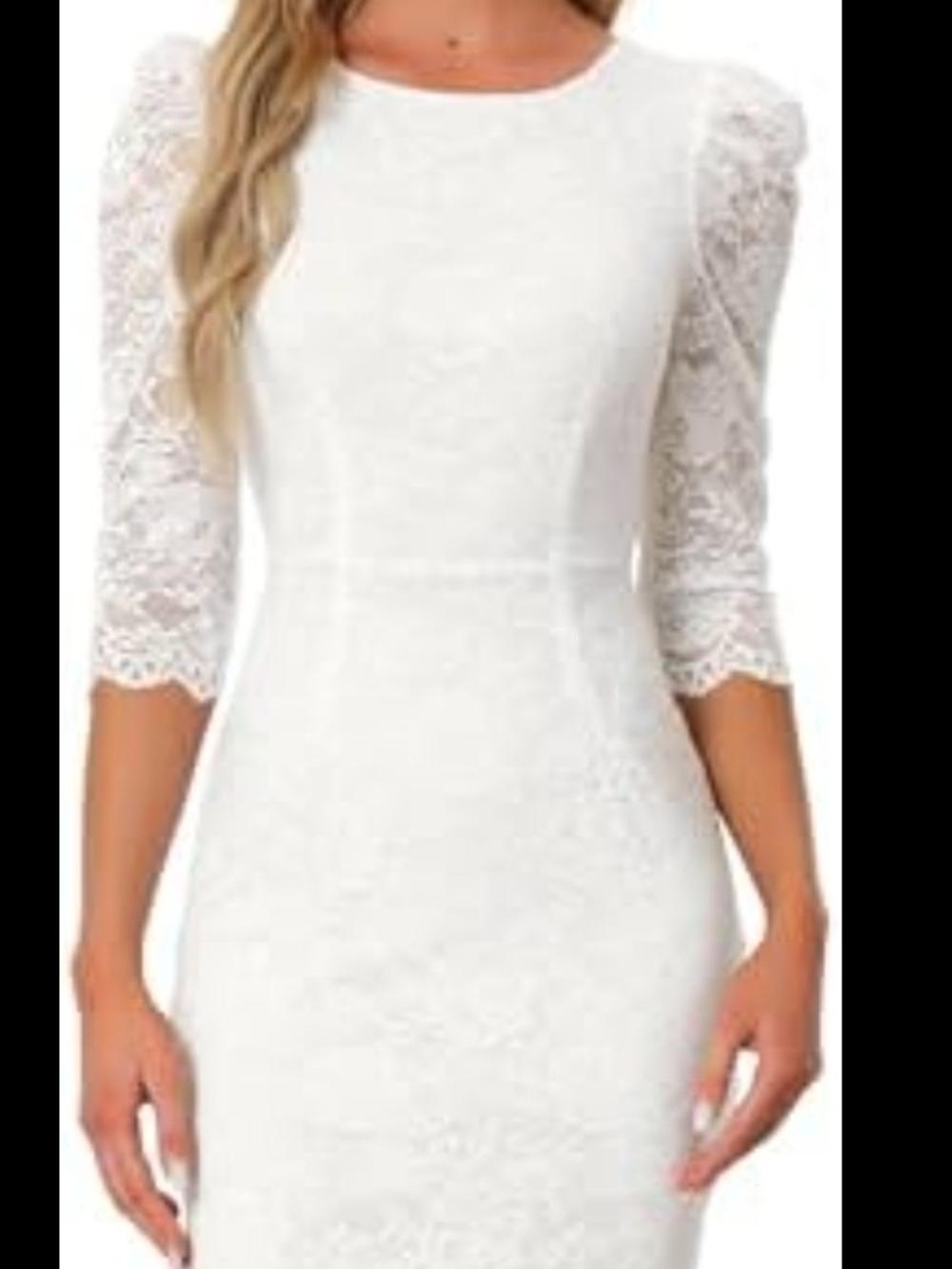 Elegant White Lace Sheath Dress with Three-Quarter Sleeves